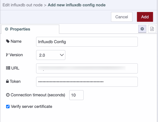 InfluxDB server configuration in Node-RED showing version, URL, and API token fields. InfluxDB server configuration in Node-RED showing version, URL, and API token fields.