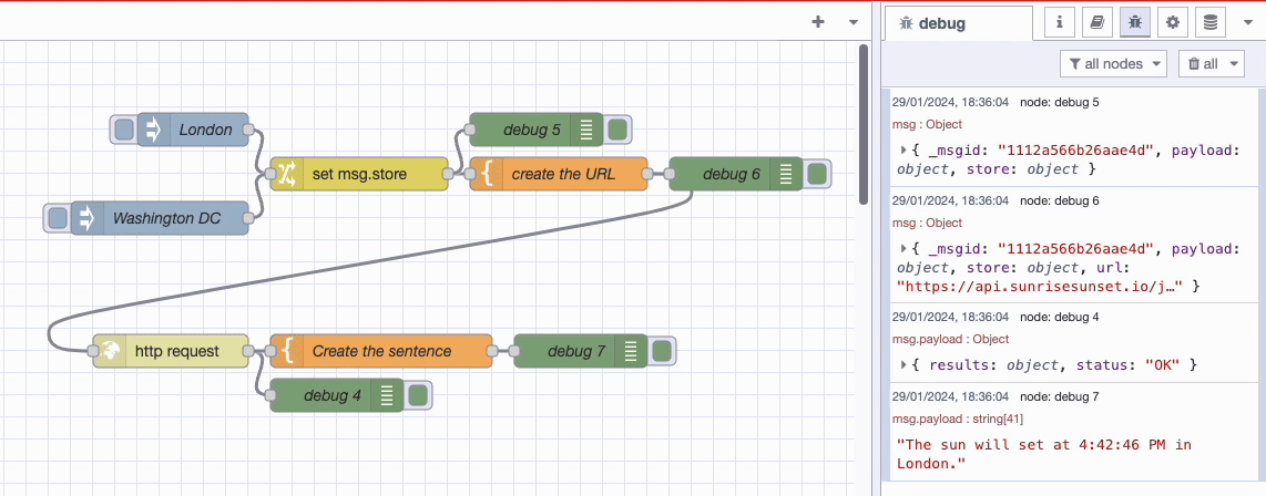 Example flow which gets the sunset time for a given location