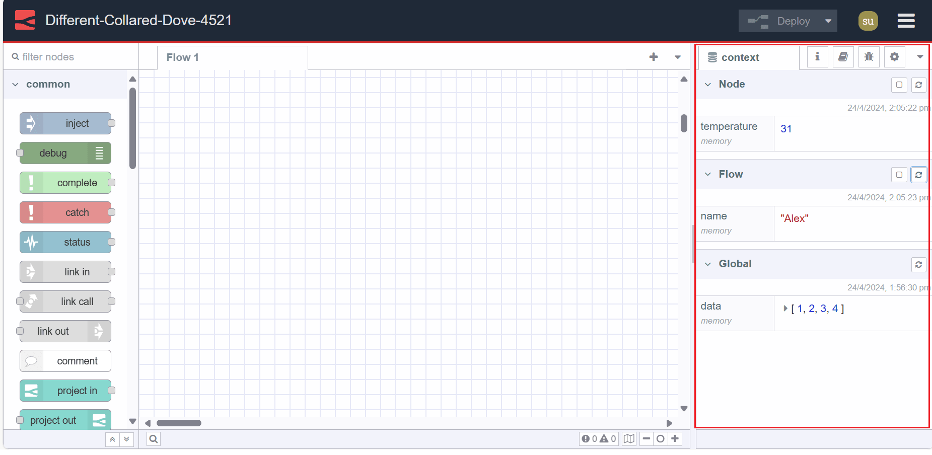 "Screenshot showing Node-RED Context data tab"